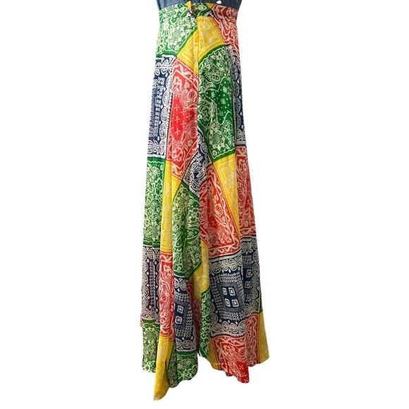 Retro 70s Malbe Maxi Skirt Vtg Sz 7 Bandana Print Red Green Primary Boho Hippy - Picture 4 of 14